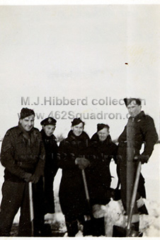 Crew clearing snow from runway, 1652 HCU, Marston Moor, Christmas 1944 (F.Brookes, A.D.J.Ball, M.J.Hibberd. N.V.Evans, R.R.Taylor), all later in 462 Squadron.